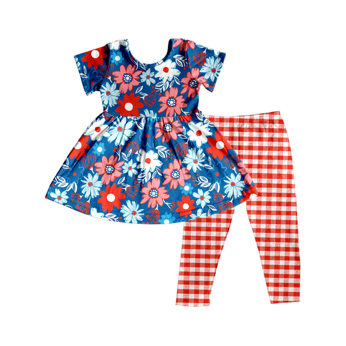 Girls flower short sleeve red grid pants suit