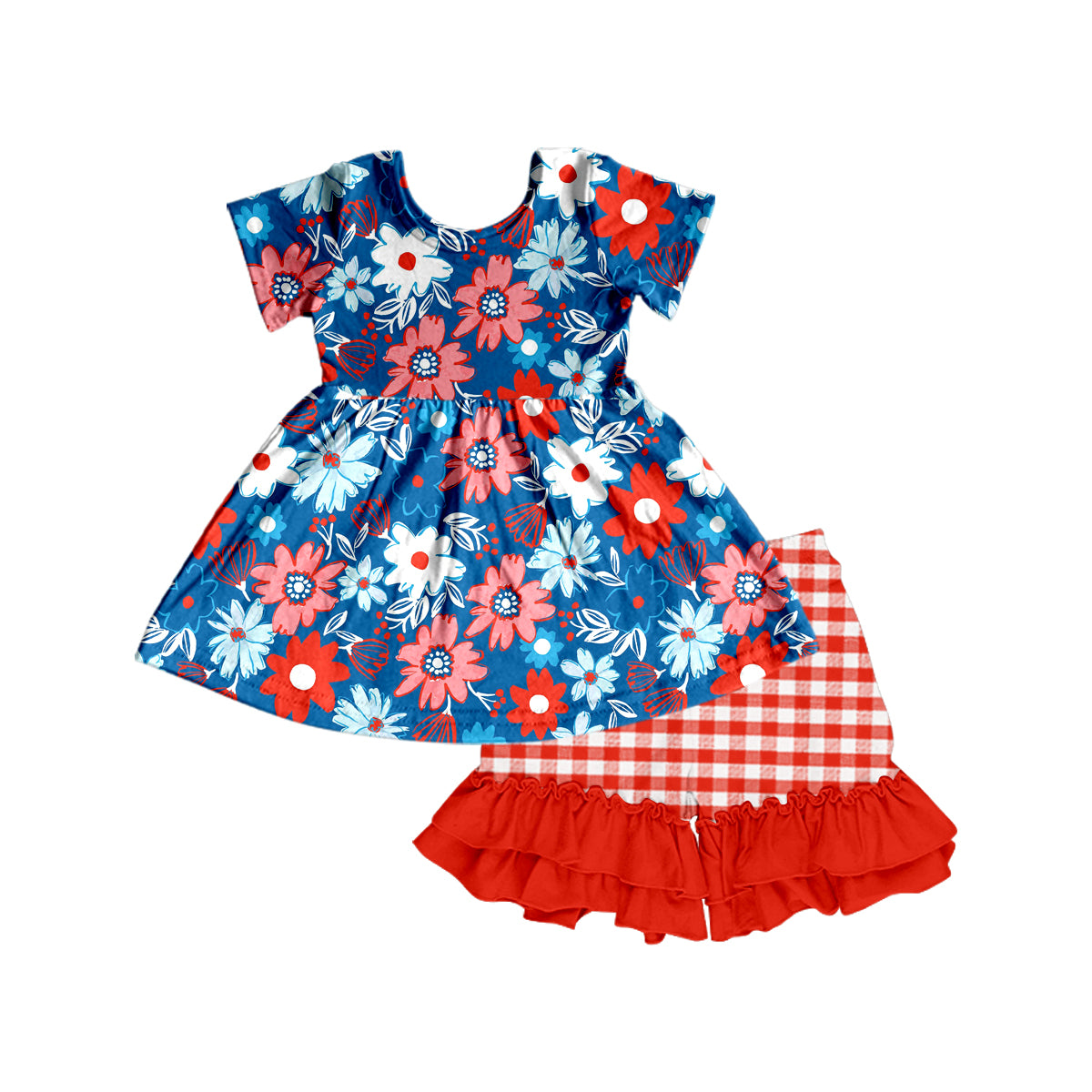 Girls flower short sleeve red grid shorts suit