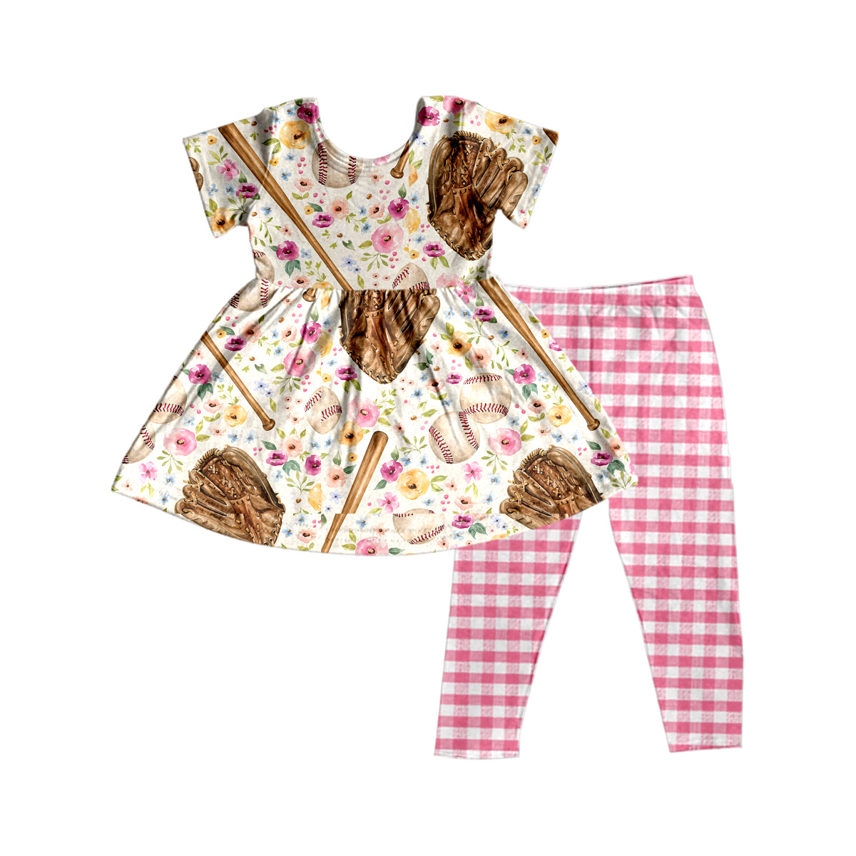 Girls flower short sleeve grid pants suit