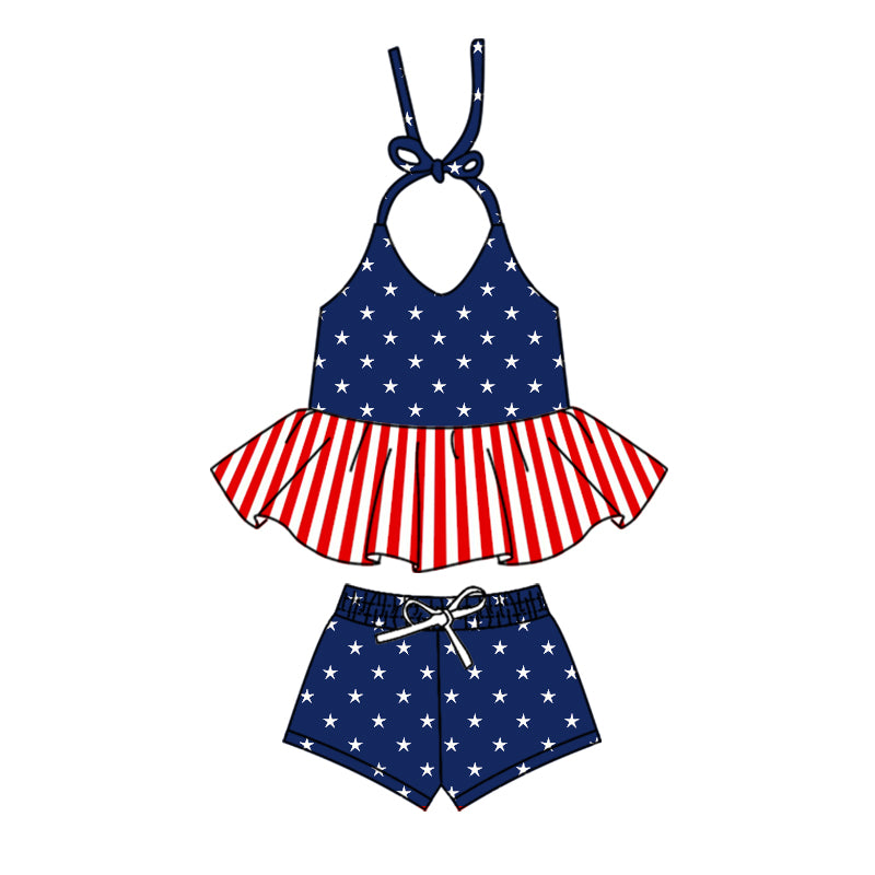 baby girls clothes 4th of July stars navy blue Halter neck shorts summer outfits