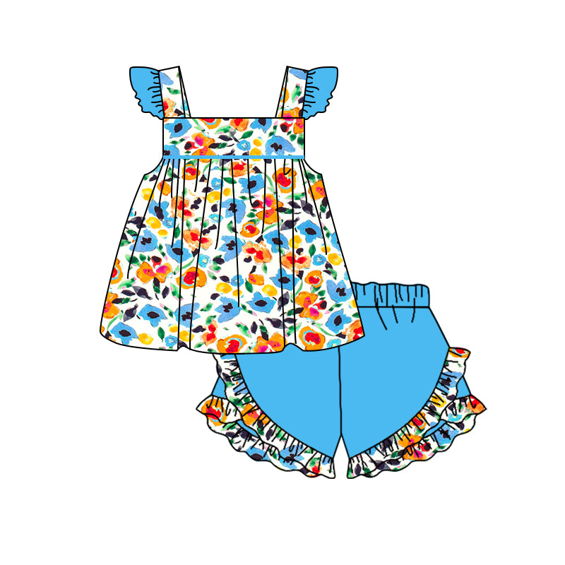 baby girls clothes flower fly sleeve blue shorts summer outfits