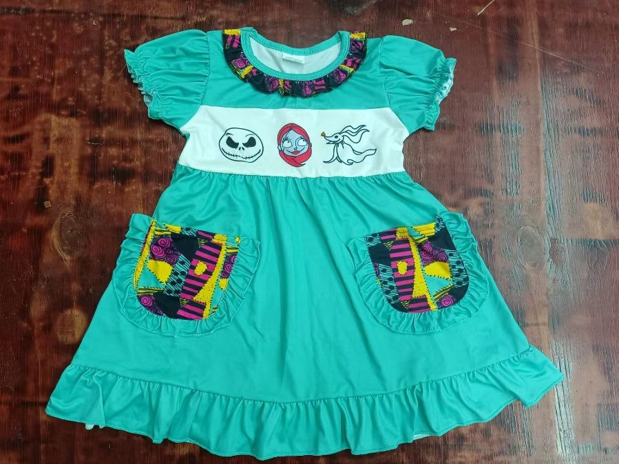 Custom moq 3 eta 6-7weeks Scar Weird Smiley Face with Pockets - Girls - Lake Green Puff Short Sleeve Dress