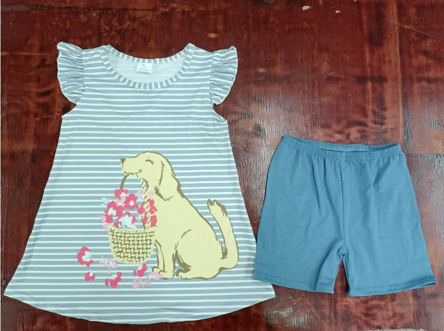 Custom moq 3 eta 6-7weeks Hand-painted puppy-flower basket with blue stripes and flying sleeves-haze blue shorts set