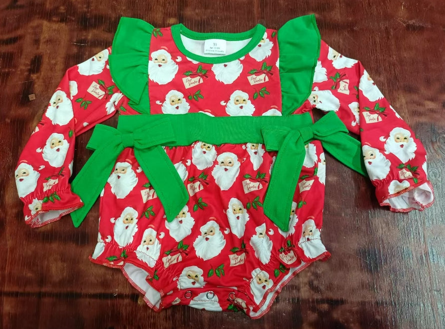 Custom moq 3 eta 6-7weeks Green flying sleeves with bow decoration and Santa Claus print, red long-sleeved short romper