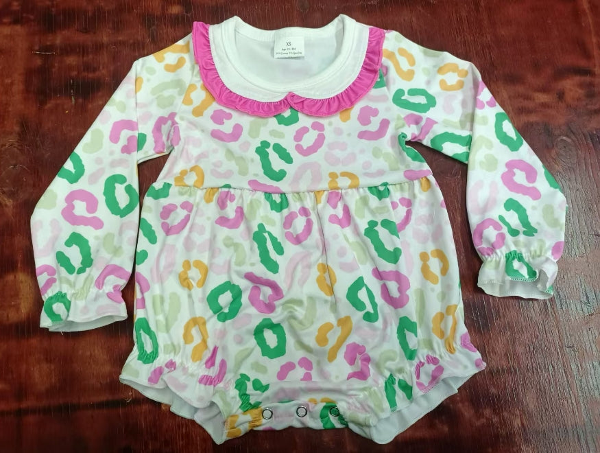 Custom moq 3 eta 6-7weeks Green-Yellow-Pink Leopard Print Pleated Baby Collar Long Sleeve Short Climbing Dress