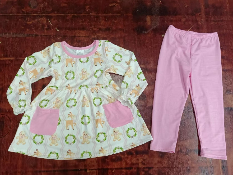 Custom moq 3 eta 6-7weeks Pink pocket long sleeve suit with wreath, deer and bear