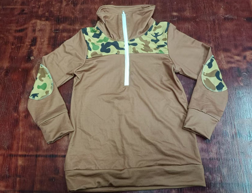 Custom moq 3 eta 6-7weeks Brown Zipper Pullover Stand Collar Long Sleeve Top