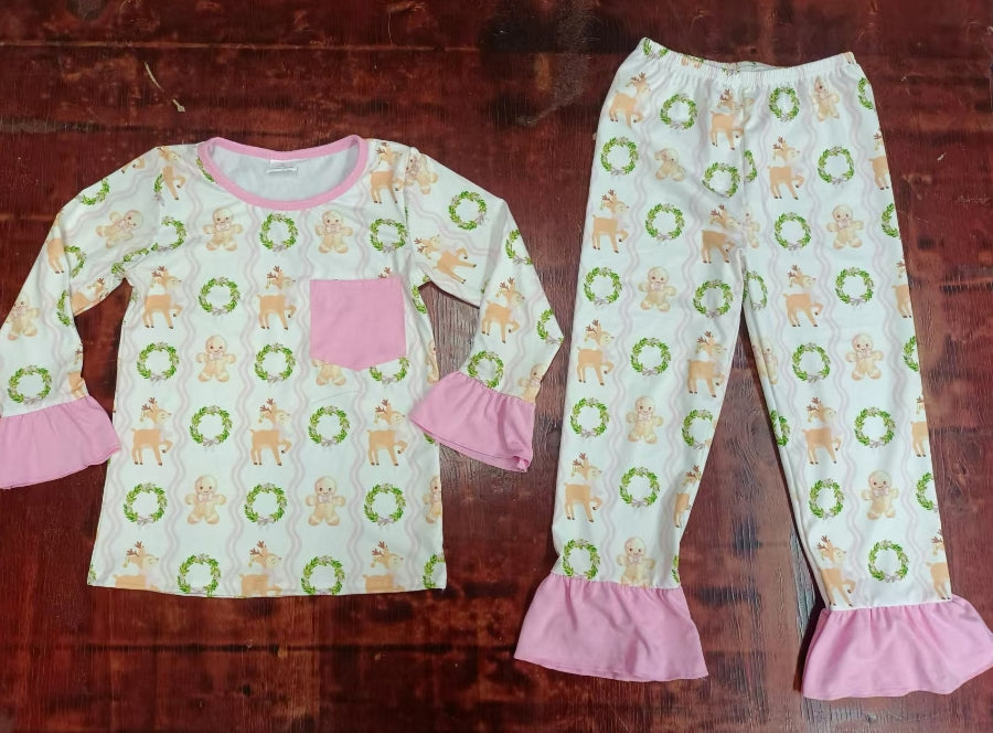 Custom moq 3 eta 6-7weeks Pink flared cuff long sleeve suit with wreath, deer and bear pattern
