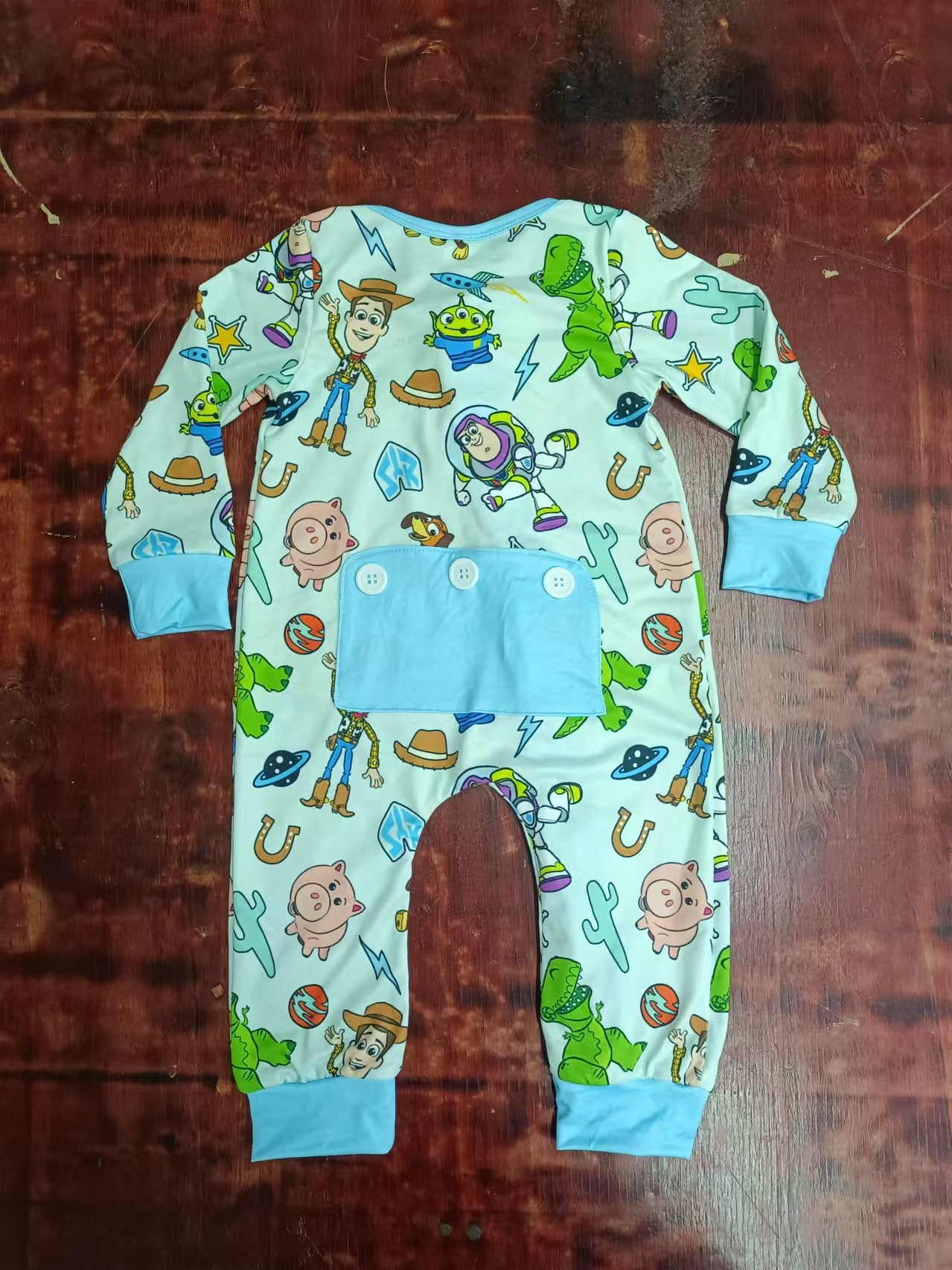 Custom moq 3 eta 6-7weeks Denim Boys - Spaceman - Piglet Pattern Light Green Long Romper