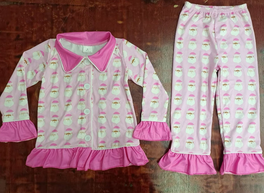 Custom moq 3 eta 6-7weeks Pink Santa Claus Button Cardigan Long Sleeve Pajama Set