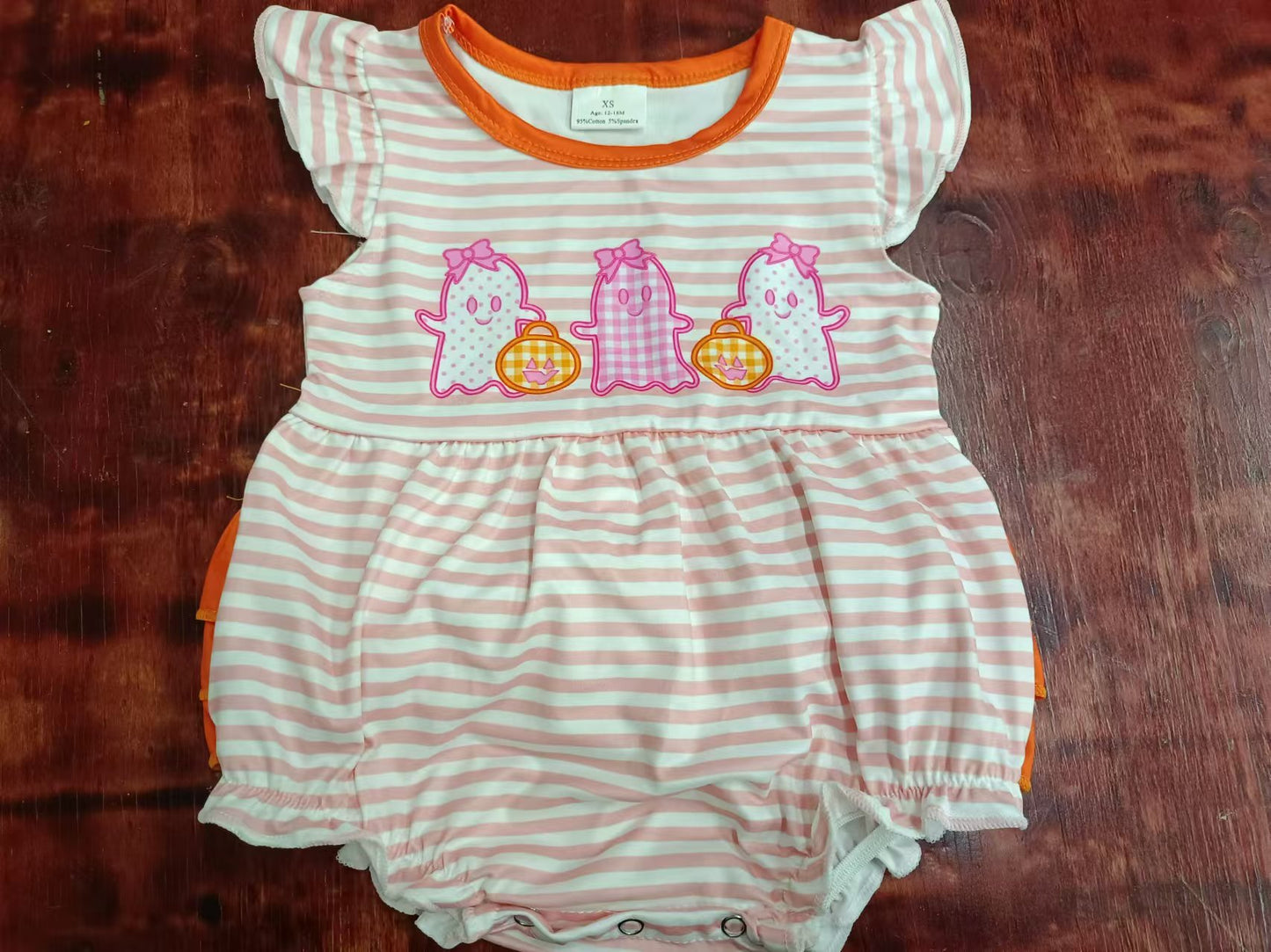 Custom moq 3 eta 6-7weeks Embroidered Pink Pumpkin-Ghost Pattern Striped Fly Sleeve Short Climbing Dress