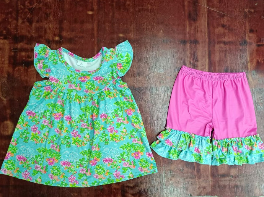 Custom moq 3 eta 6-7weeks Green Leaf Flower Fly Sleeve Top & Rose Pink Shorts Set