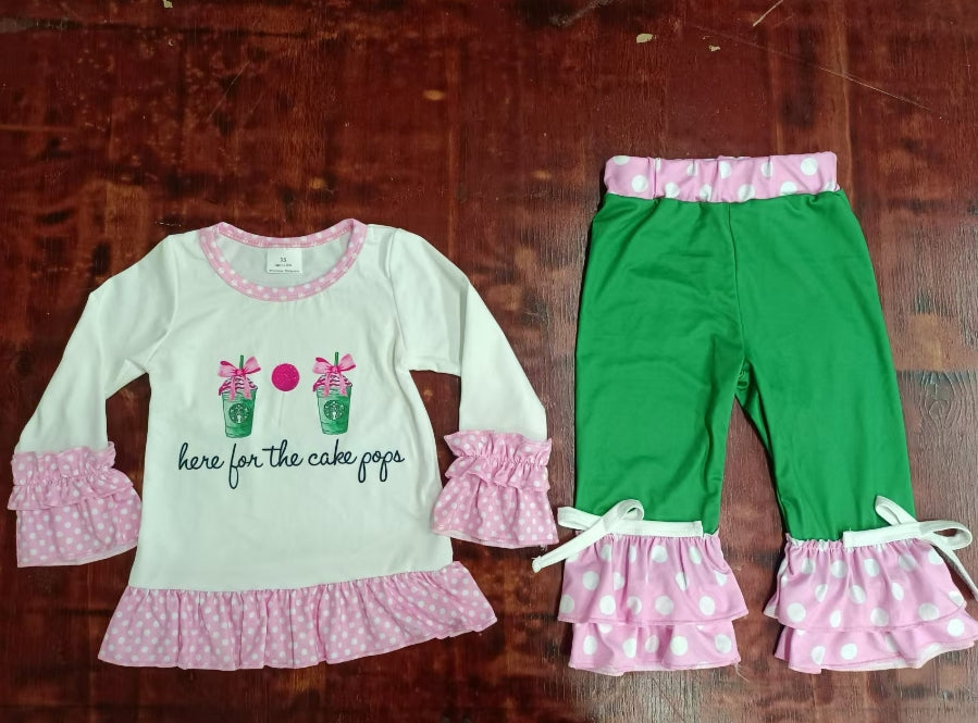 Custom moq 3 eta 6-7weeks Green Matcha Coffee Print Pink Polka Dot Long Sleeve Top & Green Pants Set