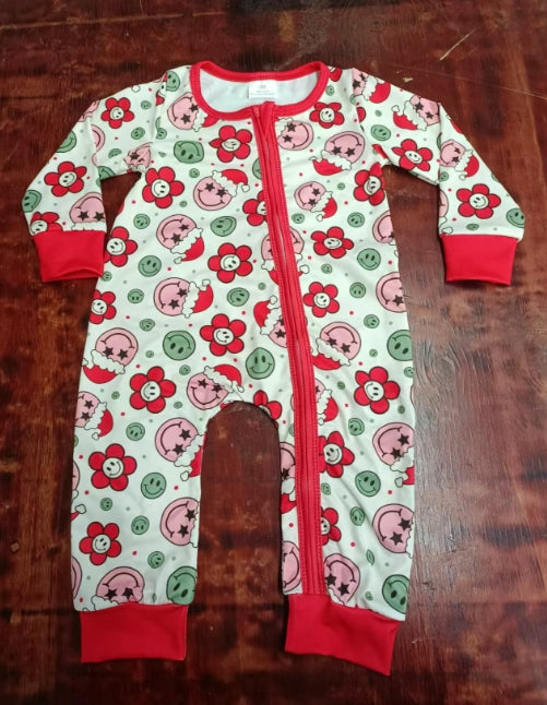 Custom moq 3 eta 6-7weeks Red long zip-up jumpsuit with smiley face in Santa hat