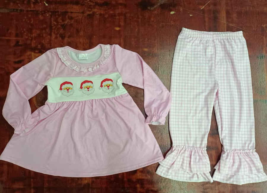 Custom moq 3 eta 6-7weeks Pink pleated neckline long-sleeved suit with Santa Claus print