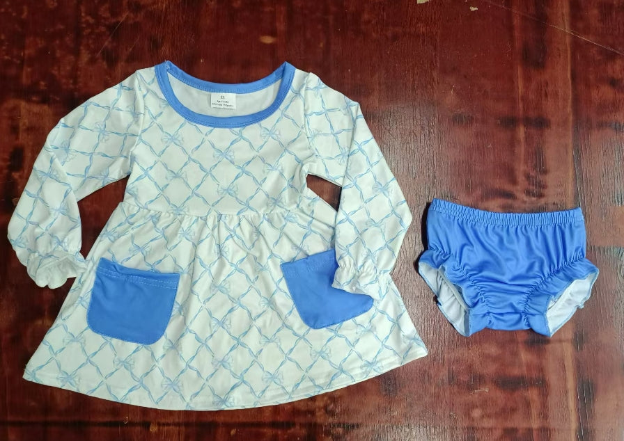 Custom moq 3 eta 6-7weeks Sky Blue Diamond Check Pocket Long Sleeve Thong Set