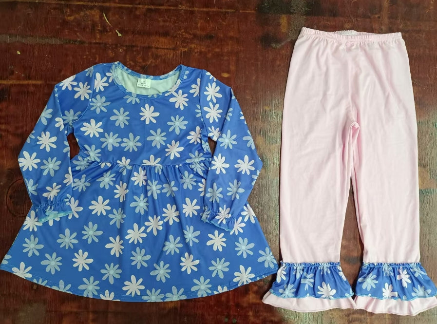 Custom moq 3 eta 6-7weeks Pink Daisy Print Blue Long Sleeve Top & Pink Pants Set