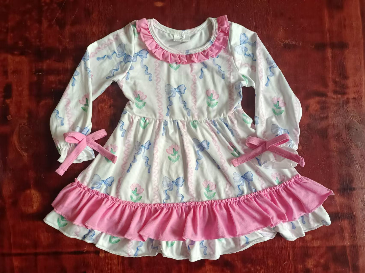 Custom moq 3 eta 6-7weeks Blue bow print and pink flower wavy line long sleeve dress