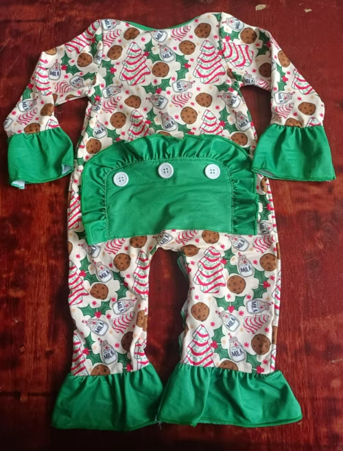 Custom moq 3 eta 6-7weeks Wooden Stripe Christmas Tree - Cookie Pattern Green Trumpet Sleeve Long Romper