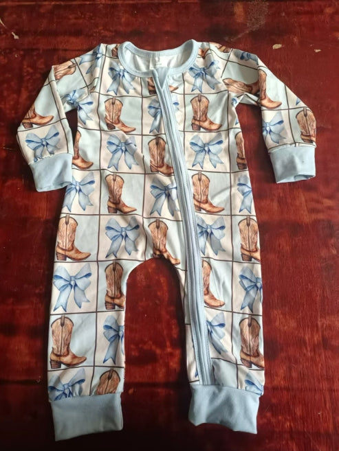 Custom moq 3 eta 6-7weeks Light blue bowknot martin boots pattern plaid long zip-up romper