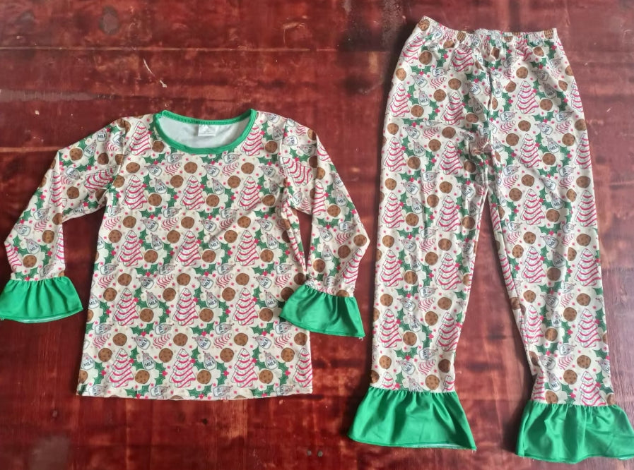Custom moq 3 eta 6-7weeks Wooden Stripe Christmas Tree-Cookie Pattern Green Bell Sleeve Long Sleeve Suit