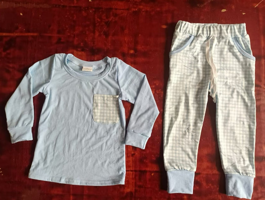 Custom moq 3 eta 6-7weeks Sky Blue Pocket Long Sleeve Top - Brown Plaid Long Suit