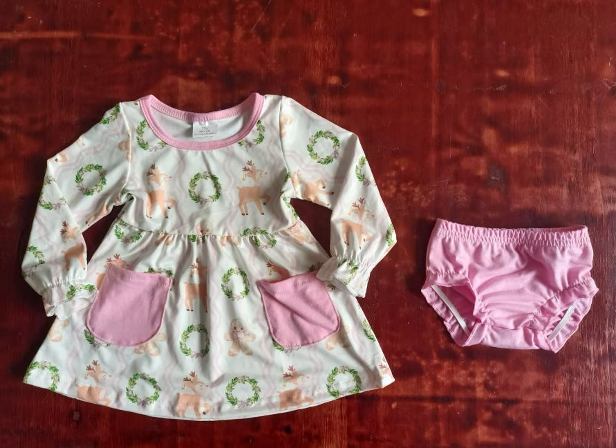 Custom moq 3 eta 6-7weeks Green Wreath-Elk-Bear Pink Long Sleeve Thong Set