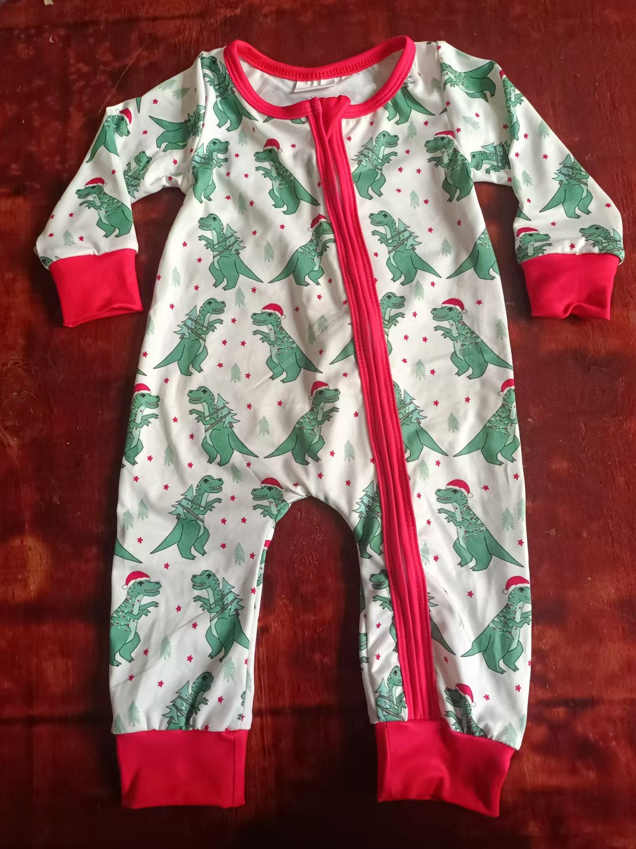 Custom moq 3 eta 6-7weeks Green Christmas Dinosaur Long Zip-Up Romper with Red