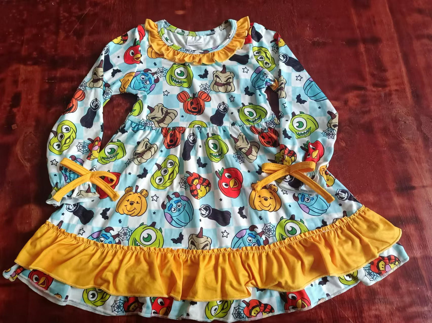 Custom moq 3 eta 6-7weeks Mutated Pumpkin Academy Blue Plaid Yellow Bow Long Sleeve Dress