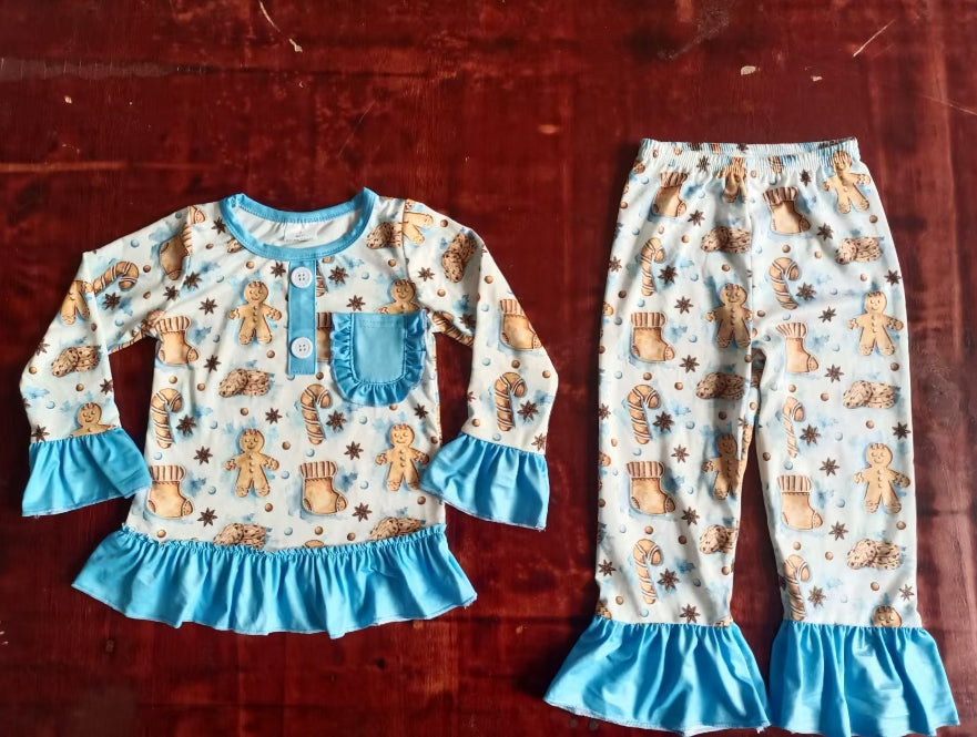 Custom moq 3 eta 6-7weeks Biscuit Bear-Cane-Socks Pattern Button Pullover Sky Blue Trumpet Sleeve Long Suit
