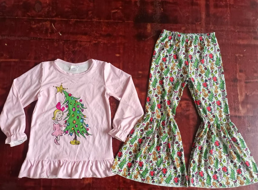 Custom moq 3 eta 6-7weeks Lighted Christmas Tree Girls Pink Long Sleeve Top & Green Flared Pants Set