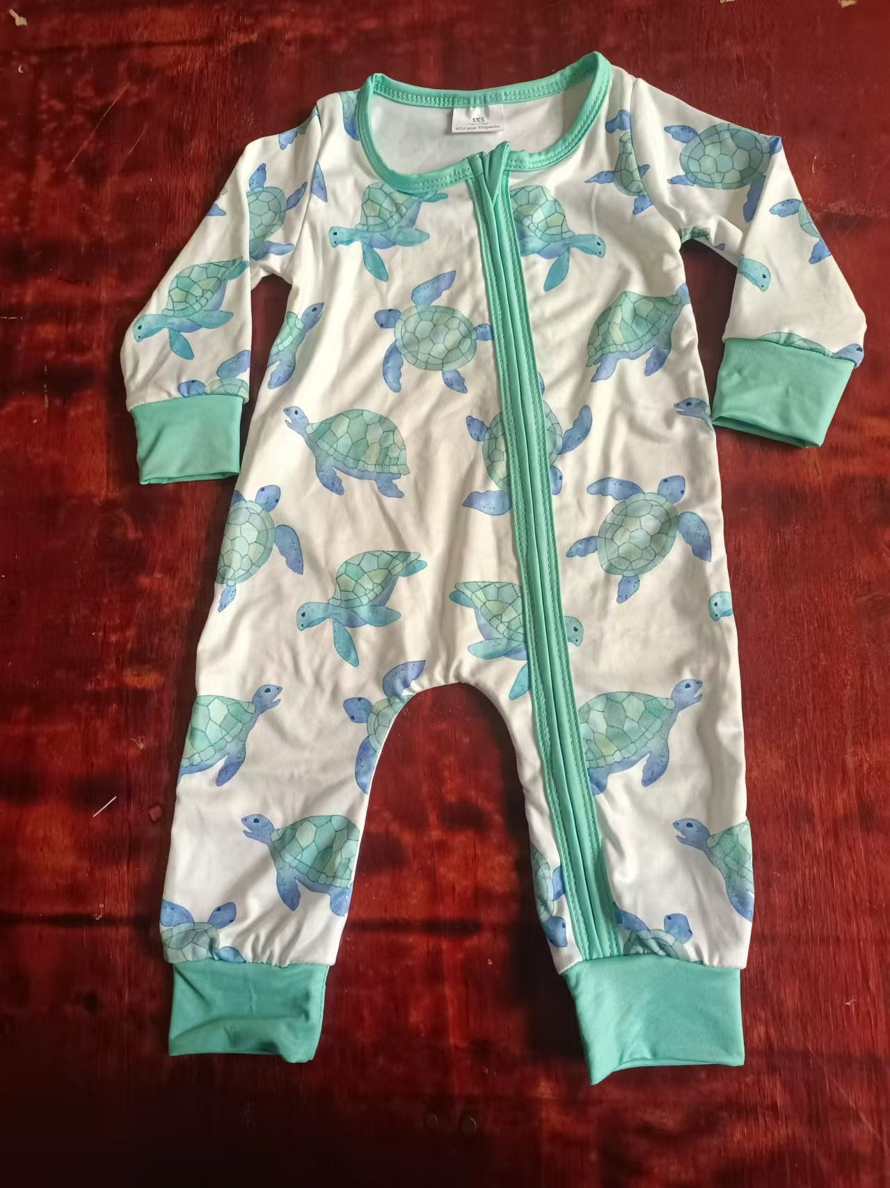 Custom moq 3 eta 6-7weeks Turtle pattern lake green long zip-up jumpsuit