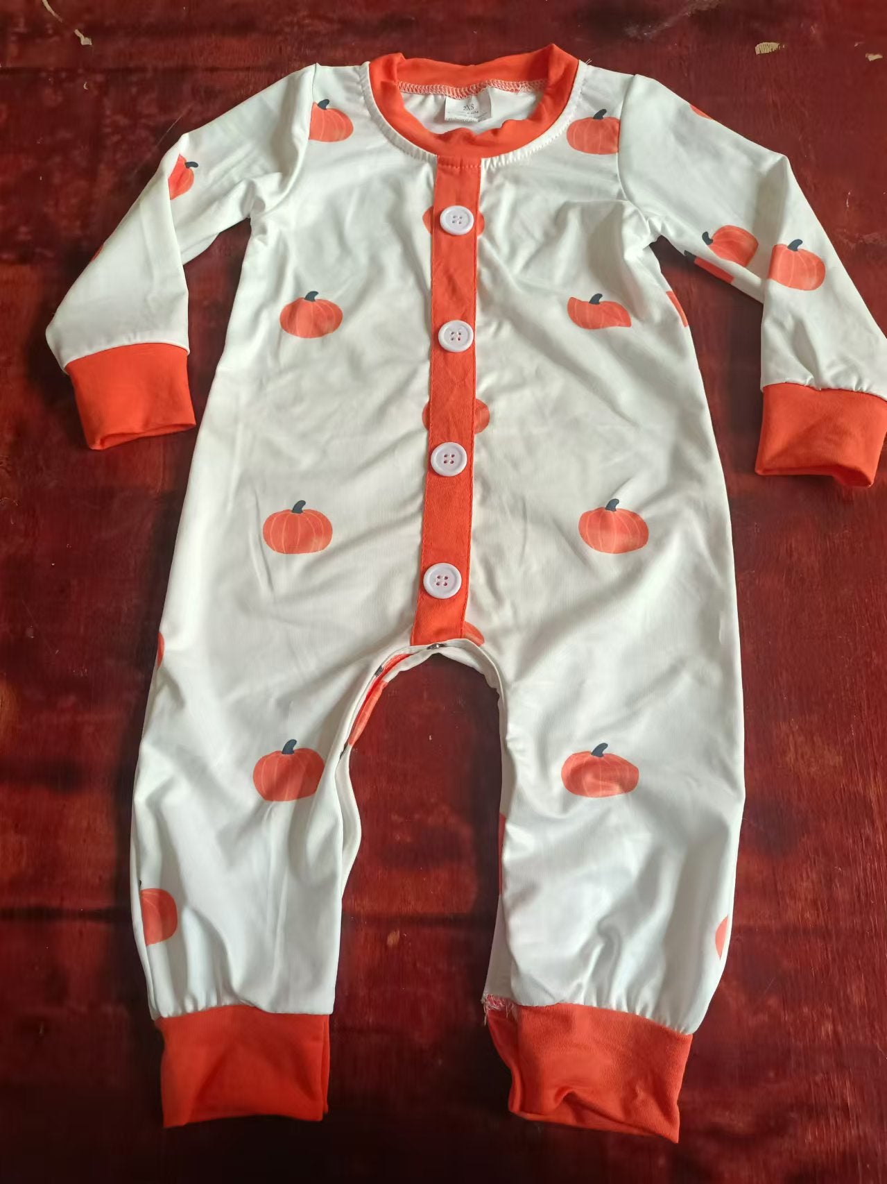 Custom moq 3 eta 6-7weeks Orange Pumpkin Pattern White Button Long Romper
