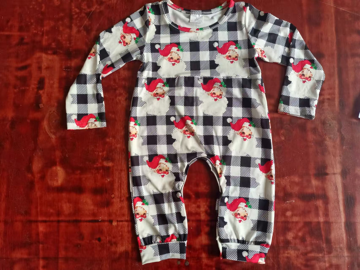 Custom moq 3 eta 6-7weeks Bearded Santa Claus pattern black and white diagonal check long romper