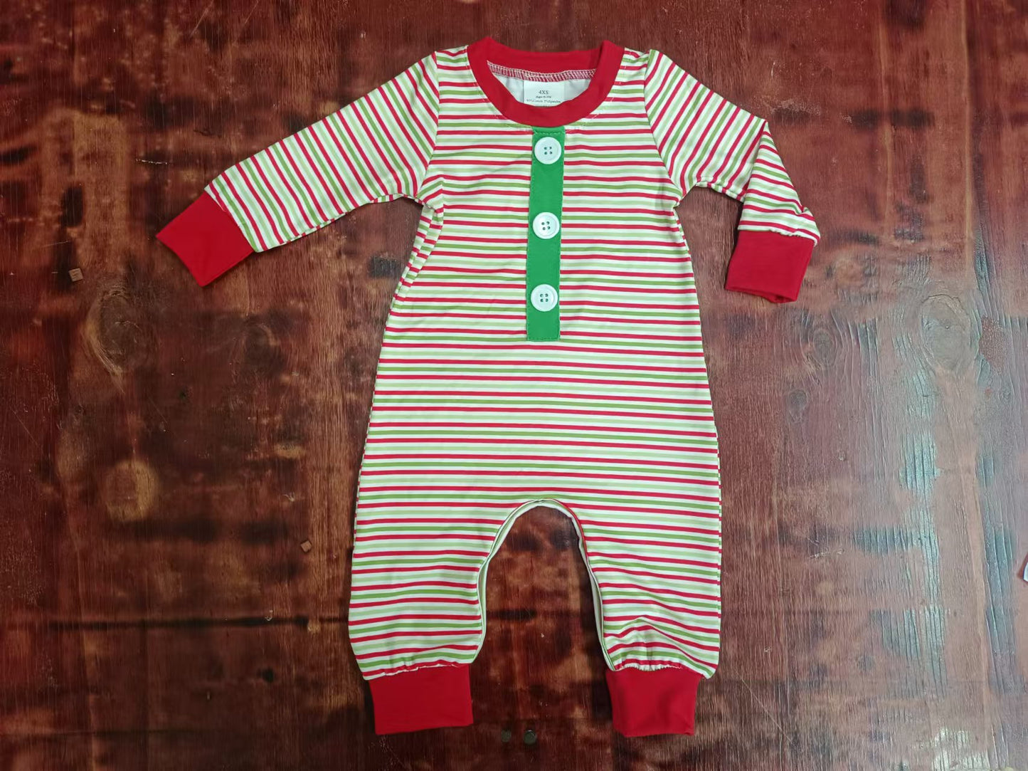 Custom moq 3 eta 6-7weeks Red and green striped button pullover long romper