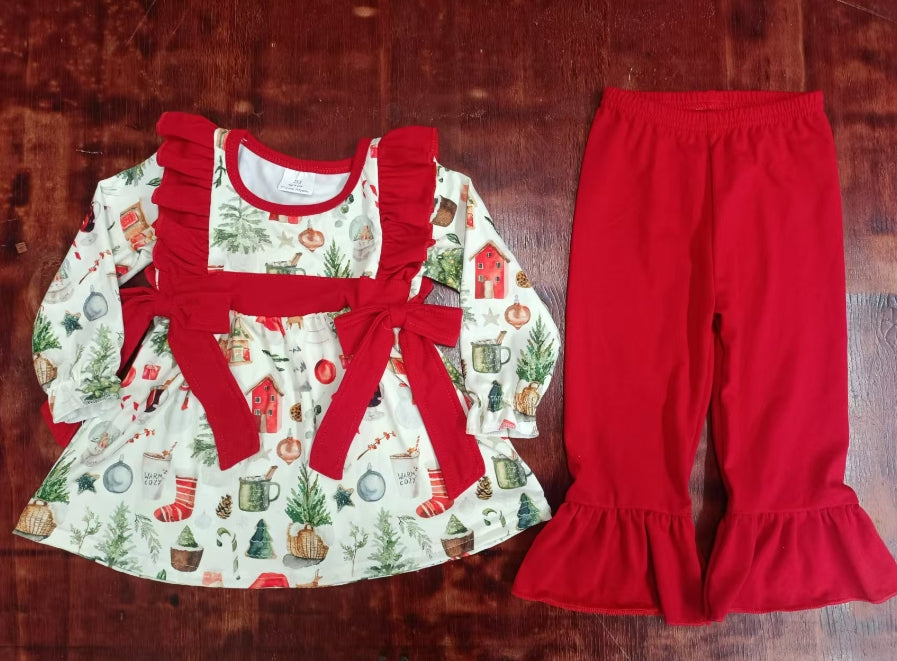 Custom moq 3 eta 6-7weeks Red Bow Ruffled Sleeves Green Christmas Tree Long Sleeve Top & Red Pants Set