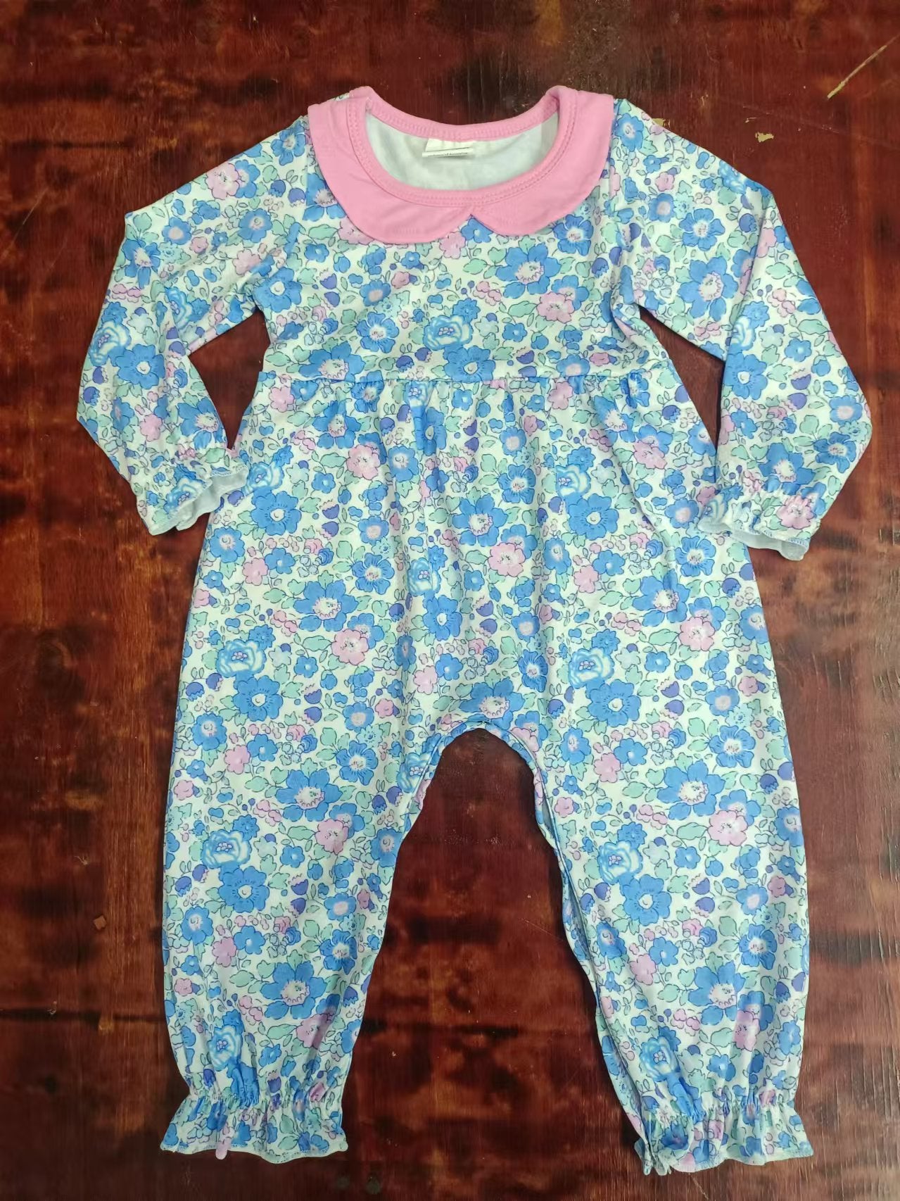 Custom moq 3 eta 6-7weeks Blue flower baby collar long romper
