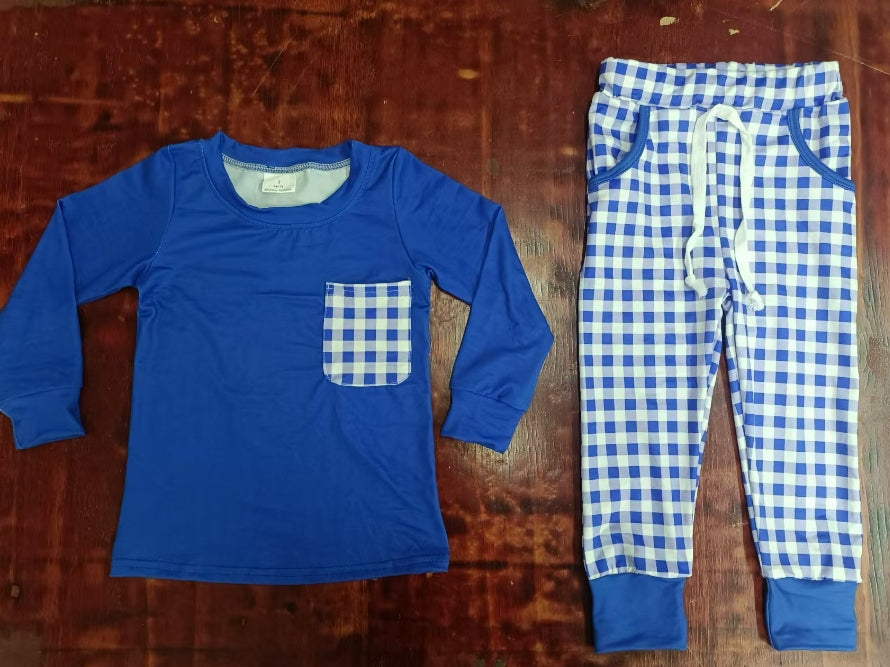 Custom moq 3 eta 6-7weeks Klein Blue Solid Long Sleeve Top & Plaid Pants Set