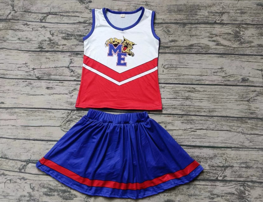 Custom moq 3 eta 6-7weeks Cheerleading Night Cat Pattern Red and White Sleeveless Top - Blue Skirt Set