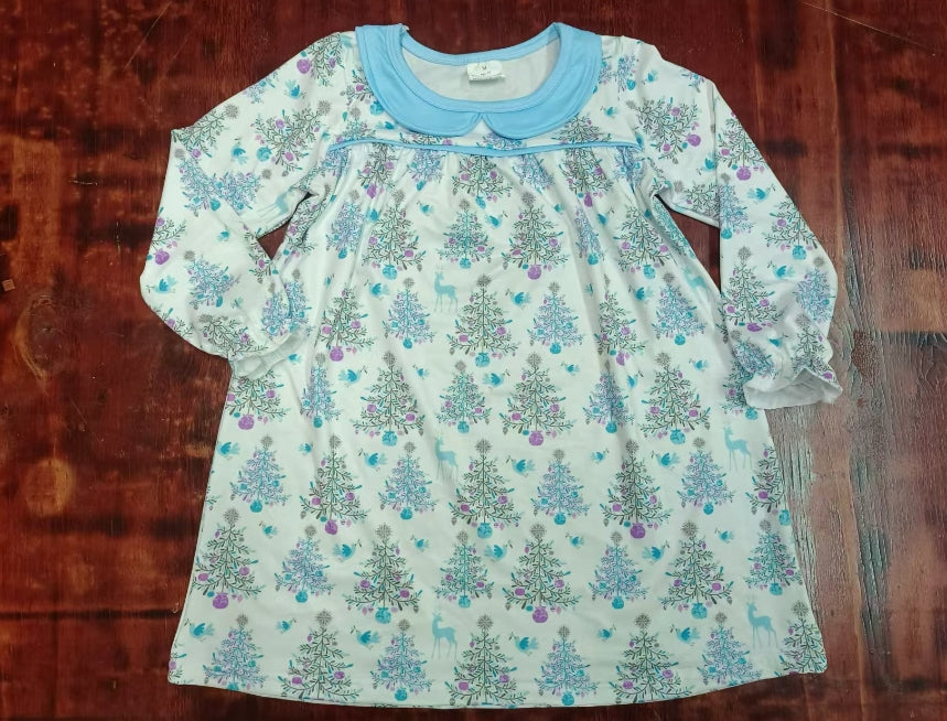 Custom moq 3 eta 6-7weeks Blue Christmas Tree Doll Collar Long Sleeve Dress