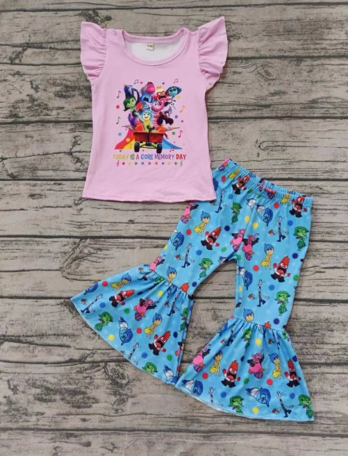 Custom moq 3 eta 6-7weeks Pink flying sleeve top-lake blue flared pants suit