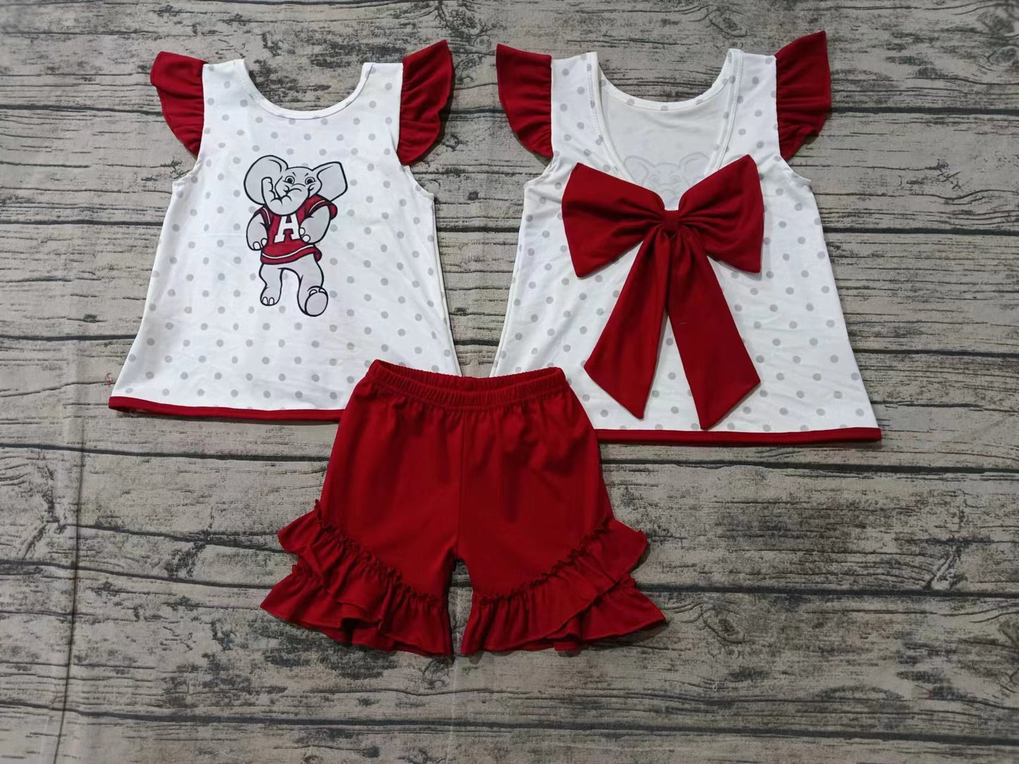 Custom moq 3 eta 6-7weeks Sports elephant pattern grey polka dot red flying sleeve short suit