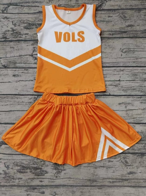 Custom moq 3 eta 6-7weeks Cheerleading Orange Sleeveless Top and Pants Skirt Set