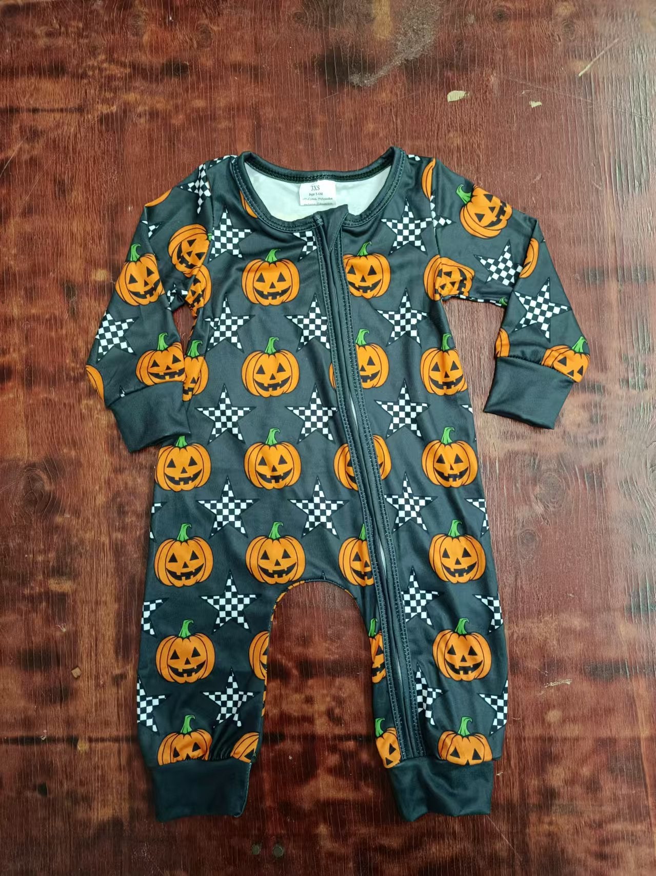 Custom moq 3 eta 6-7weeks Halloween Smiley Pumpkin-Plaid Five-Pointed Star Dark Gray Long Zipper Climbing Suit