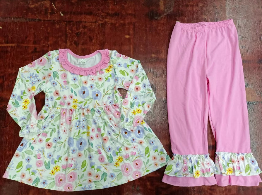 Custom moq 3 eta 6-7weeks Pink-Purple Floral Leaf Ruffled Neck Long Sleeve Suit