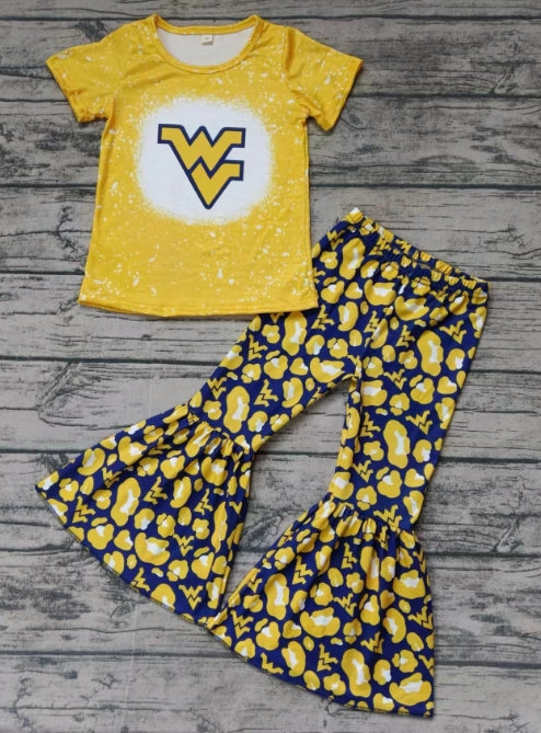Custom moq 3 eta 6-7weeks Yellow letter V short-sleeved flared pants suit