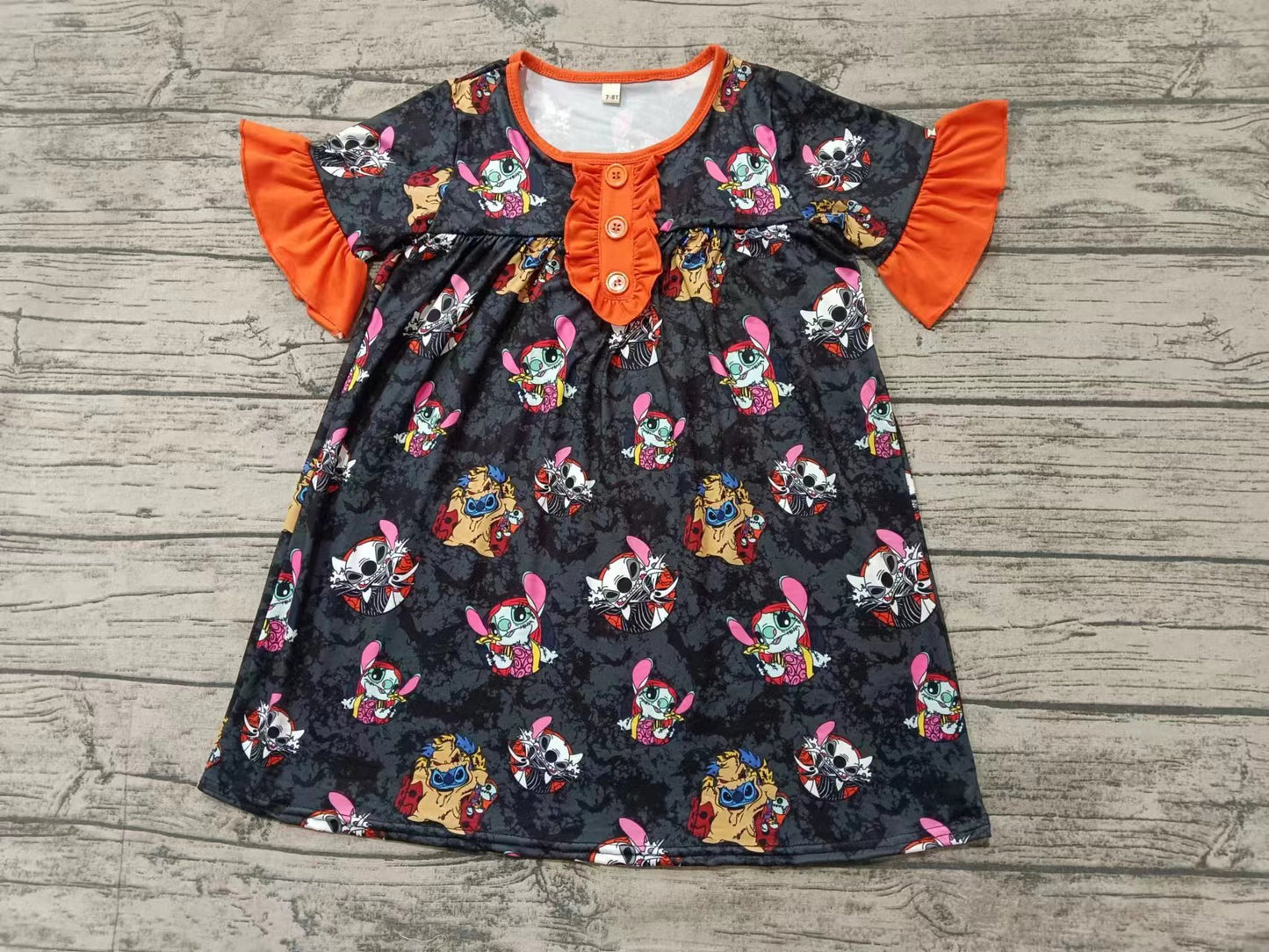 Custom moq 3 eta 6-7weeks Pink Ear Puppy Orange Pleated Button Black Short Sleeve Dress