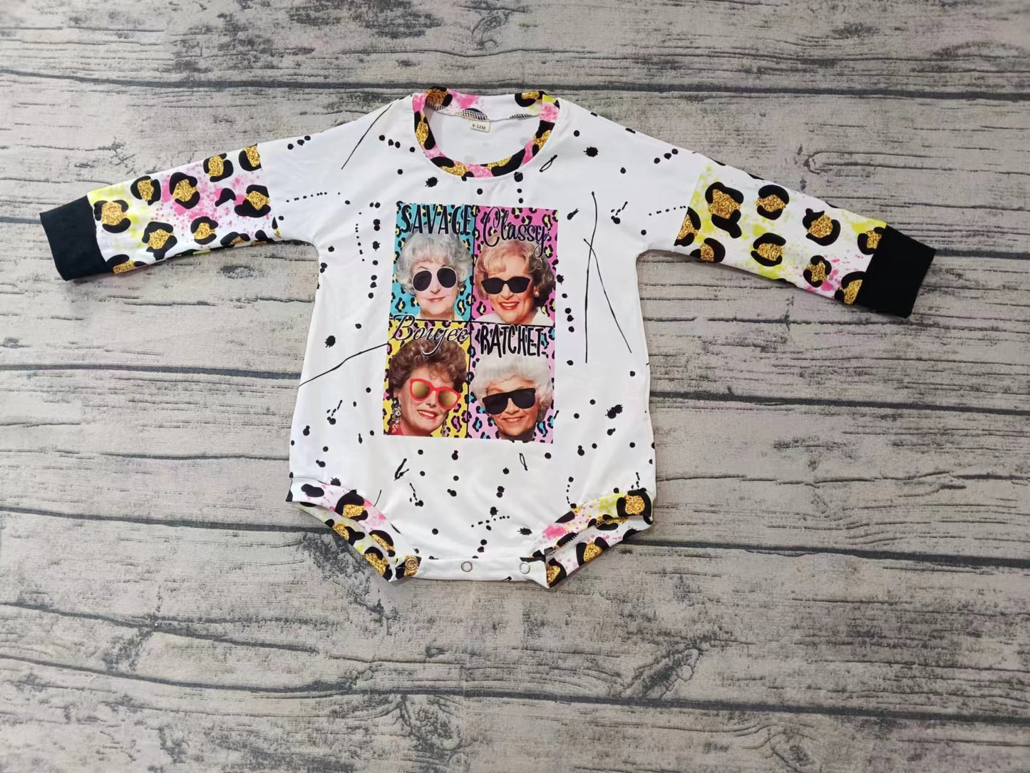 Custom moq 3 eta 6-7weeks Sunglasses curly-haired granny pattern black and gold leopard print long-sleeved short jumpsuit