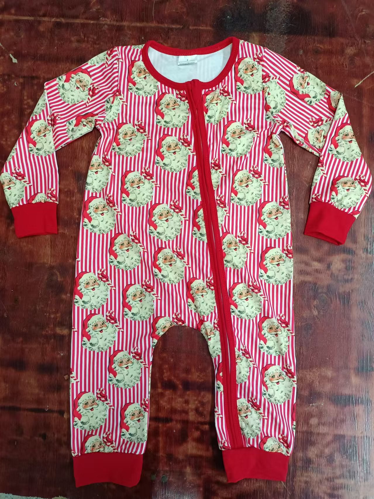 Custom moq 3 eta 6-7weeks Santa Claus pattern red vertical stripes long zip-up romper