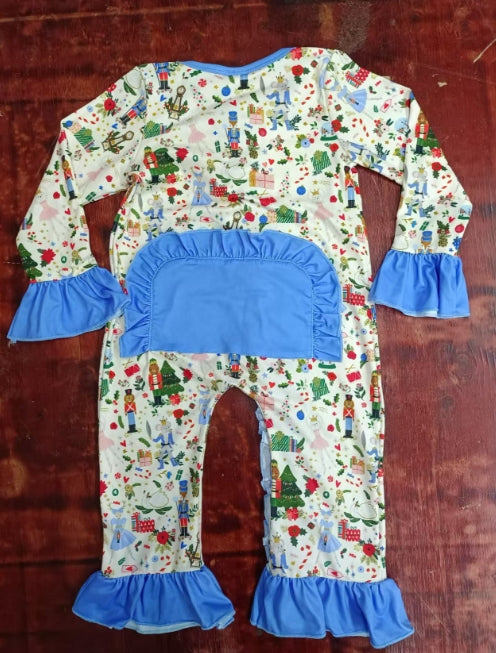 Custom moq 3 eta 6-7weeks Christmas Blue Pleated Trumpet Sleeve Long Romper